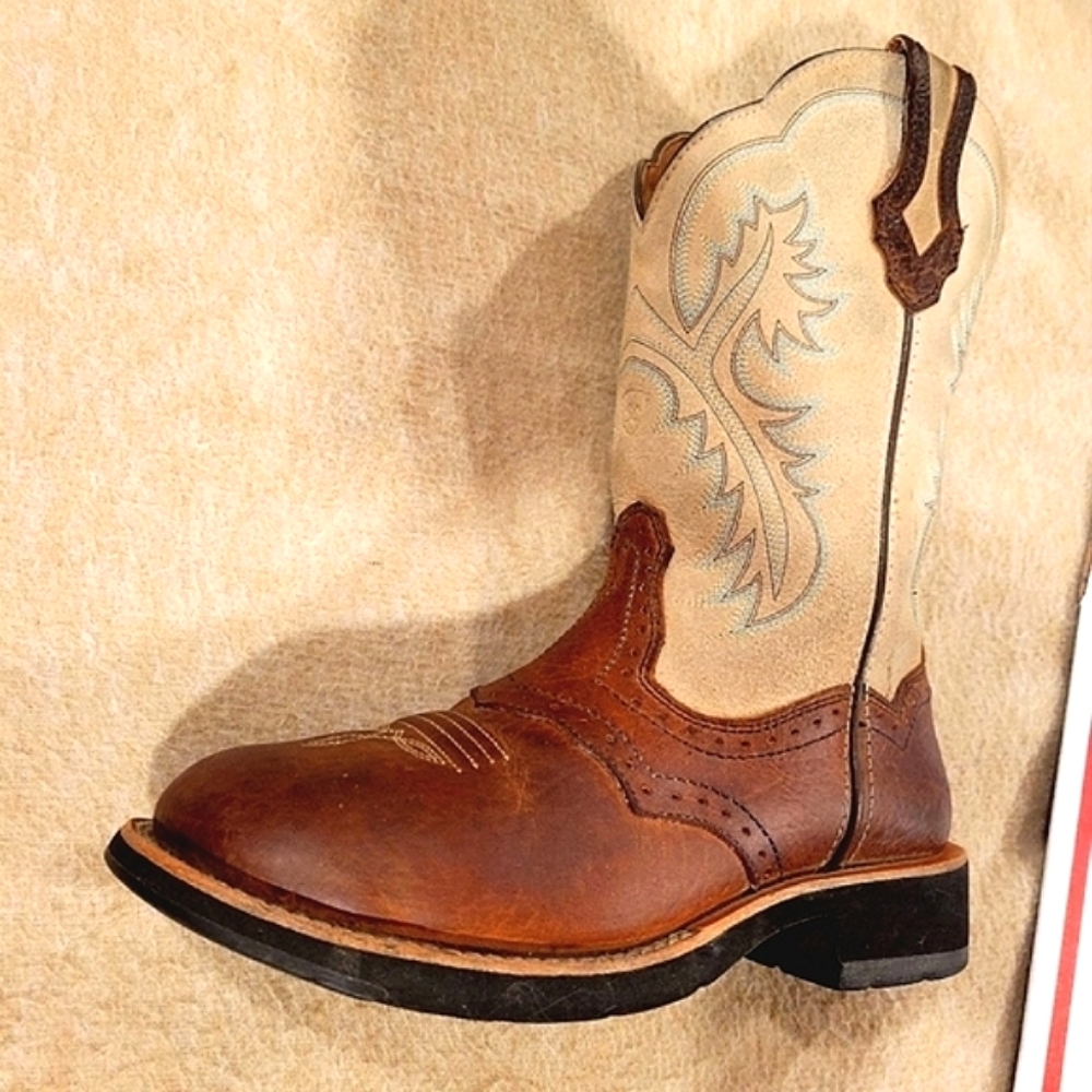 Ariat Fatbaby Boot 7 Cream Teal Stitching Brown Round Toe Heritage Nice Cond - Picture 8 of 8